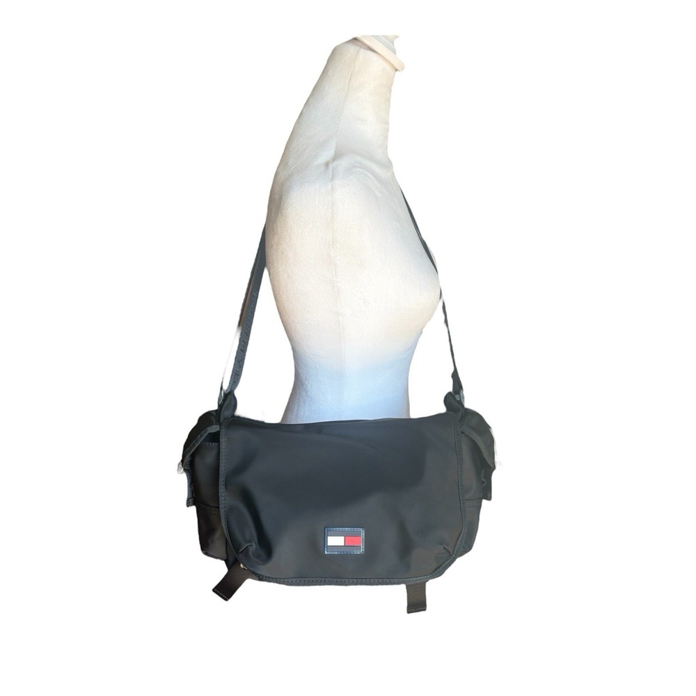 Tommy Hilfiger Womens OS/TU Satchel Flap Shoulder Bag Black Nylon White Red Logo - Picture 7 of 7